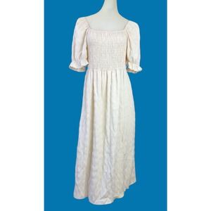 NWT The First Women's Small Smocked Puff Sleeve Maxi Dress Cream Square Neck